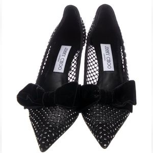 Jimmy Choo black love mesh and suede 65mm crystal bow heel